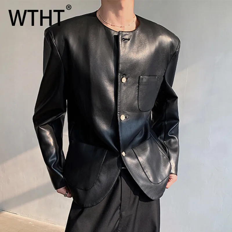 

WTHT Fashion Men's Solid Color Pearl Button Pockets Leather Coats Trendy Casual Loose Long Sleeves O-neck Jackets Male 2A0428