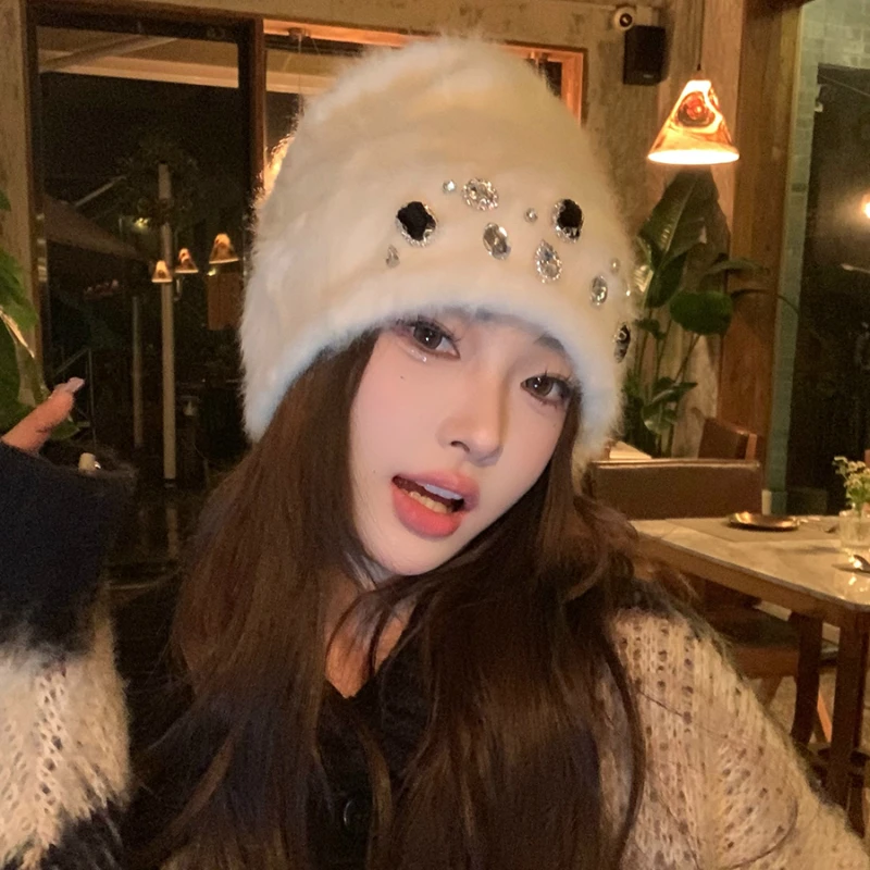 Handmade Rhinestone Rabbit Fur Beanies Women Fashion Fluffy Warm Winter Hat for Female Luxury Fashion Big Head Knitting Hat