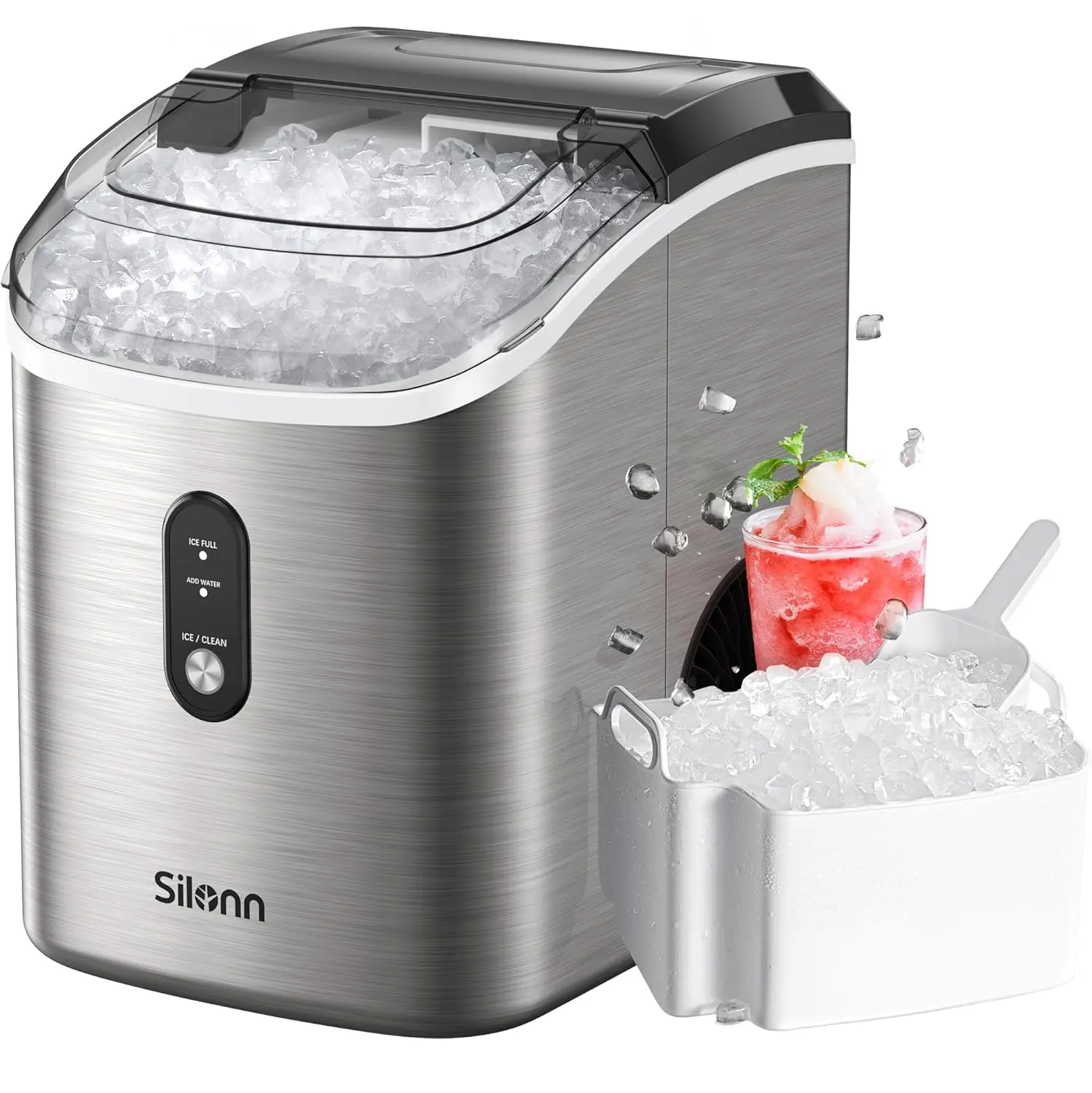 

Nugget Countertop Ice Maker, Silonn Chewable Pellet Ice Machine with Self-Cleaning Function, 33lbs/24H,