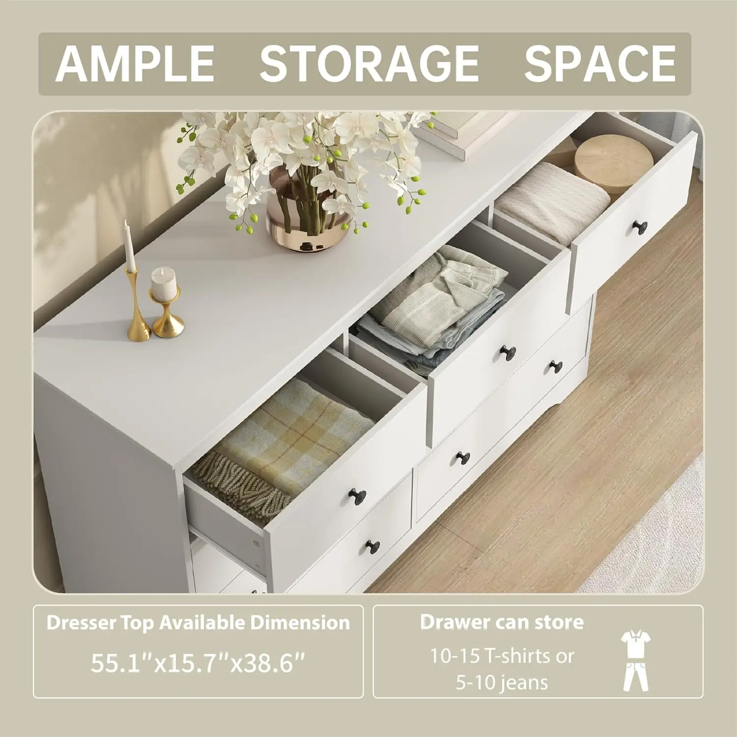 خزانة ملابس بيضاء عريضة 55 بوصة لغرفة النوم، خزانة بـ 9 أدراج كبيرة، خزانة خشبية لغرفة المعيشة والردهة، قابلة للتخصيص