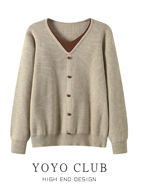 

Loose Long Sve V-Ne Knitwear Women's Autumn Winter plus Size Casual Sle Inner Wear Design Sense Fake Two-Piece Sweater