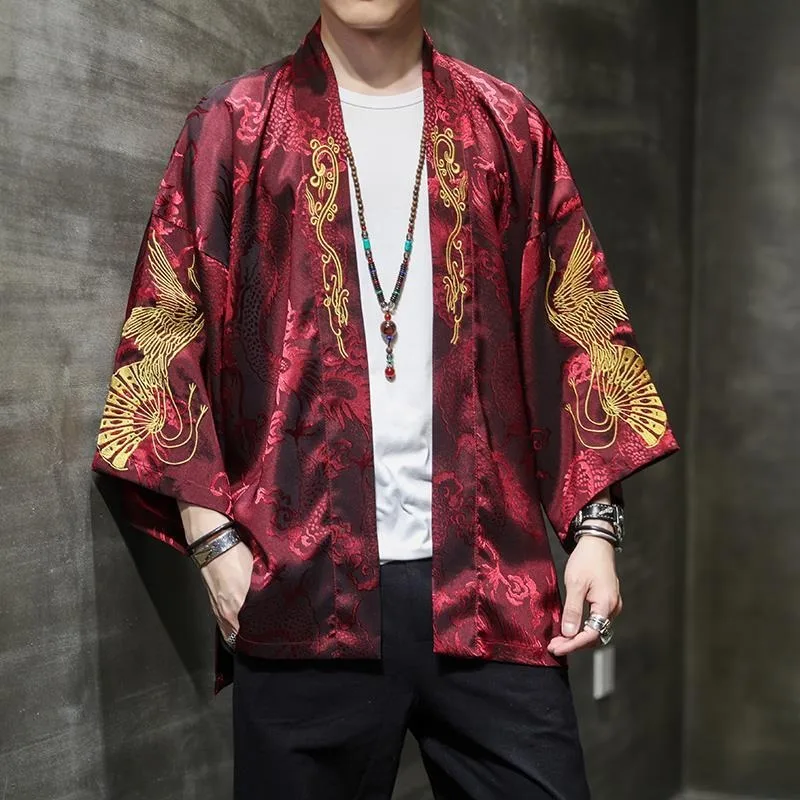 

Men Samurai Clothes Chinese Costume Hanfu Coat Plus Size Japanese Kimono Embroidered Cardigan Dragon Rayon Shirt Blouse