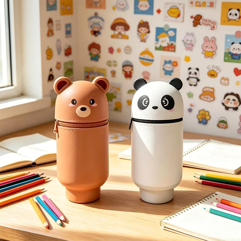 Vertical Cylinder Animal Silicone Pencil Case Bear Panda Design Mini Zipper Pen Bag Soft Stationery Storage Pouch Desktop Decor