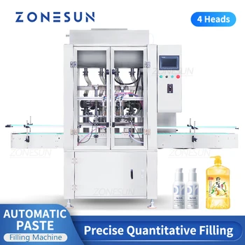 ZONESUN Automatic 4 Heads Paste Filling Machine Quantitative Filler Piston Pump Peanut Butter Sauce Viscous Liquid ZS-SV4P