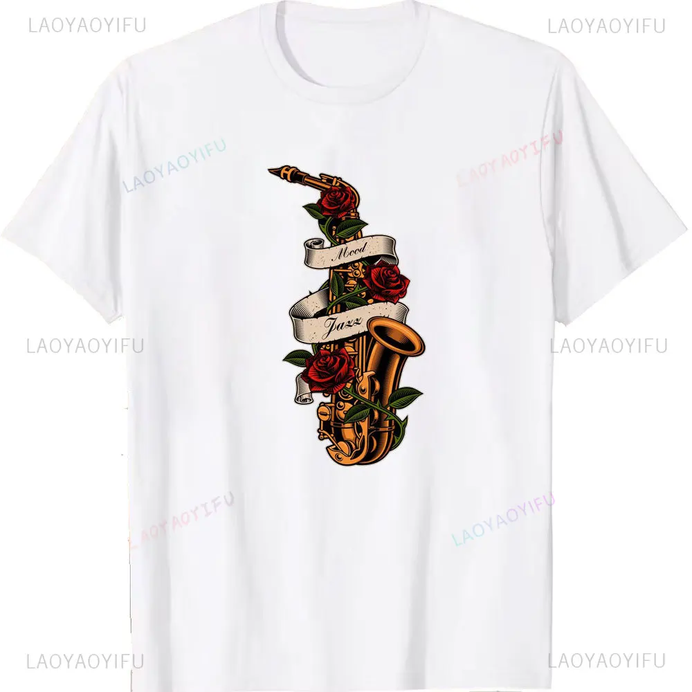 Saxophone with Roses and Ribbon Men Tees Retro Classic Music TShirt Summer Style Shirt Unisex Short Sleeve O-Neck Harajuku Tops