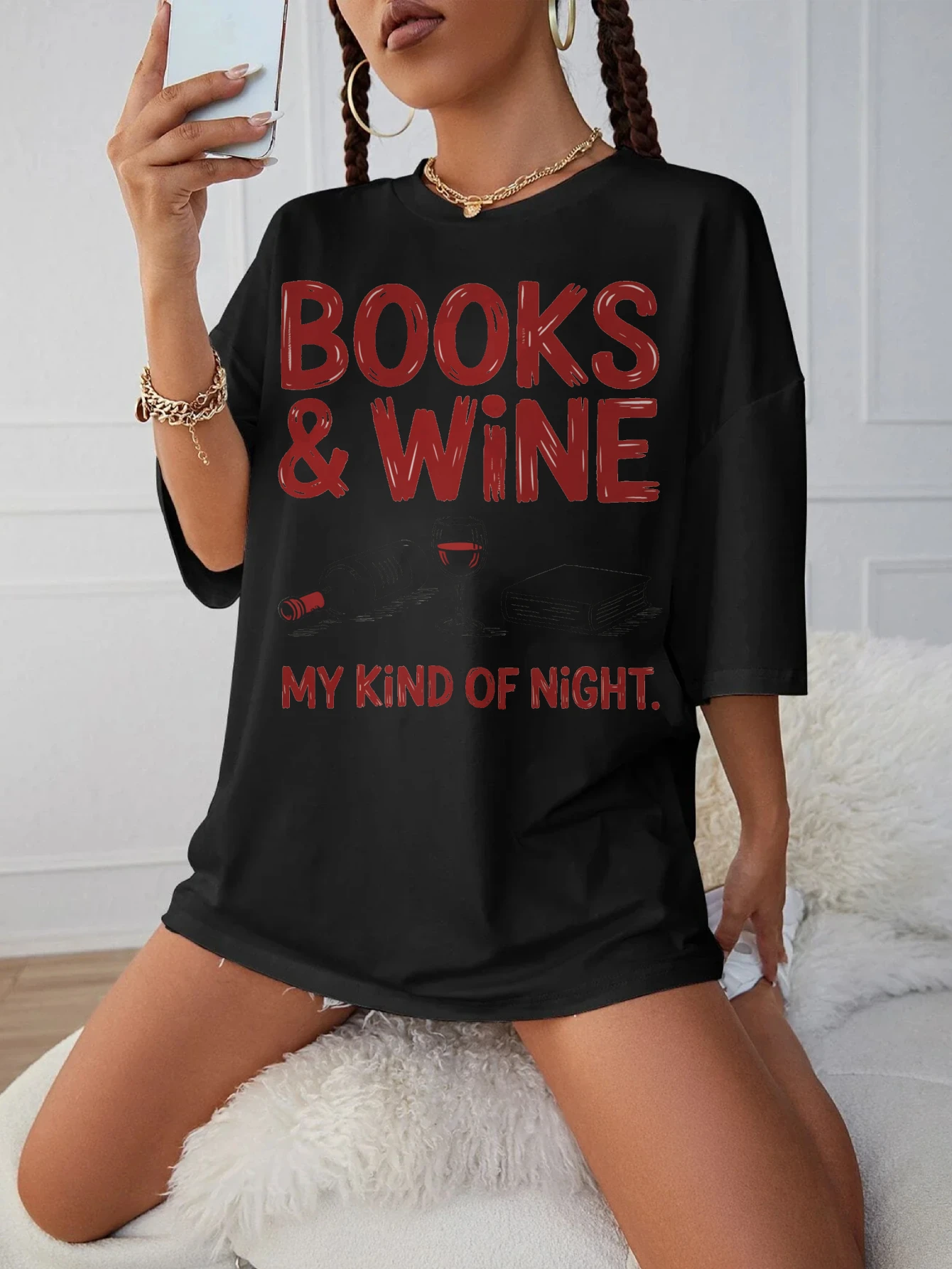 

Bools Wine My Kind of Night Trendy Loose Fit Maternity T-Shirt Women's Black Round Neck Comfortable for Late Pregnancy