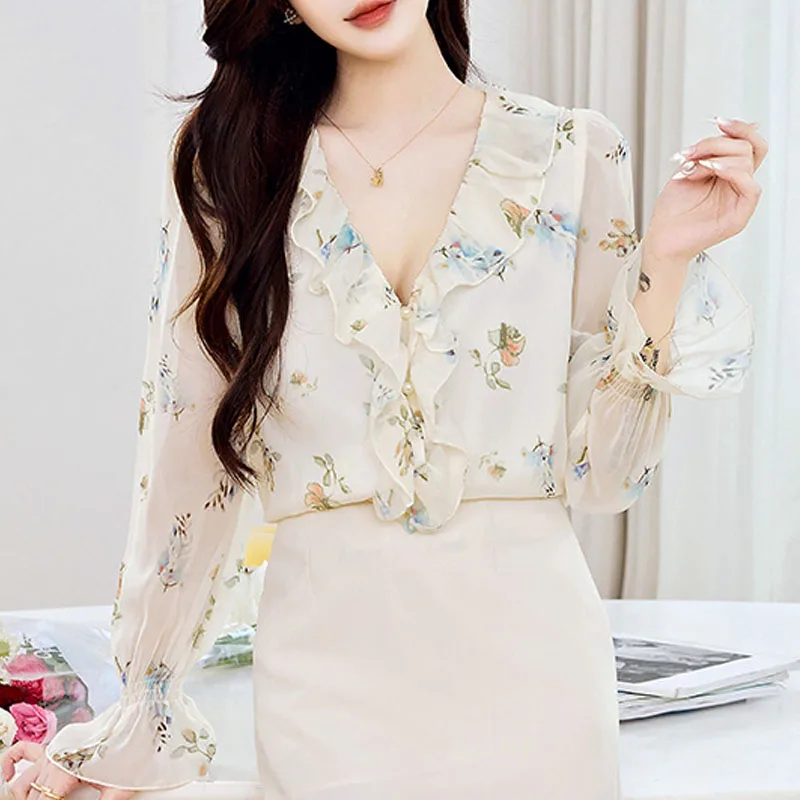 Vrouwen Shirt Blouse Nieuwe Lange Mouw V-hals Print Ruches Chiffon Shirt Blouse Vrouwen Tops Blouses Shirts Blusas Para Mujer Q1347