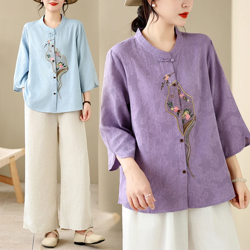 

Chinese Style Women's Blouses Vintage Embroidered Shirts Fashion Loose Summer Clothing Short Sleeves Cotton Linen Women Tops