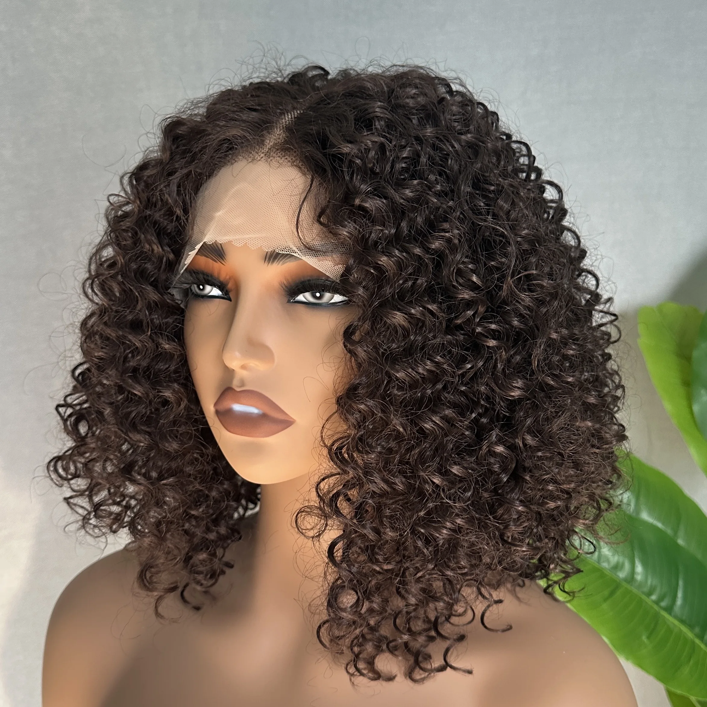 X-TRESS 14 Inch Soft Natural Synthetic Wig 130% Density Brown Afro Kinkly Curly Middle Part Wig With Bangs for Black Women Daily