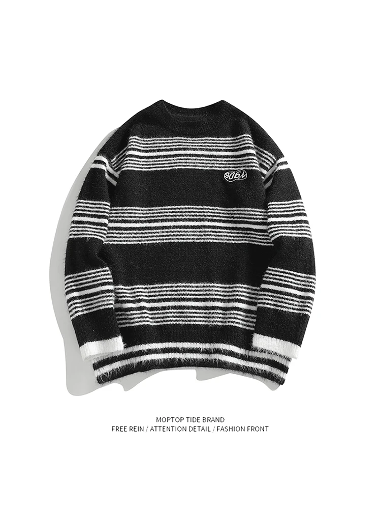 

Ретро-свитер в американском стиле с полосками, свободный повседневный вязаный свитер для осени и зимы, молодежный, с круглым вырезом, с длинными рукавами