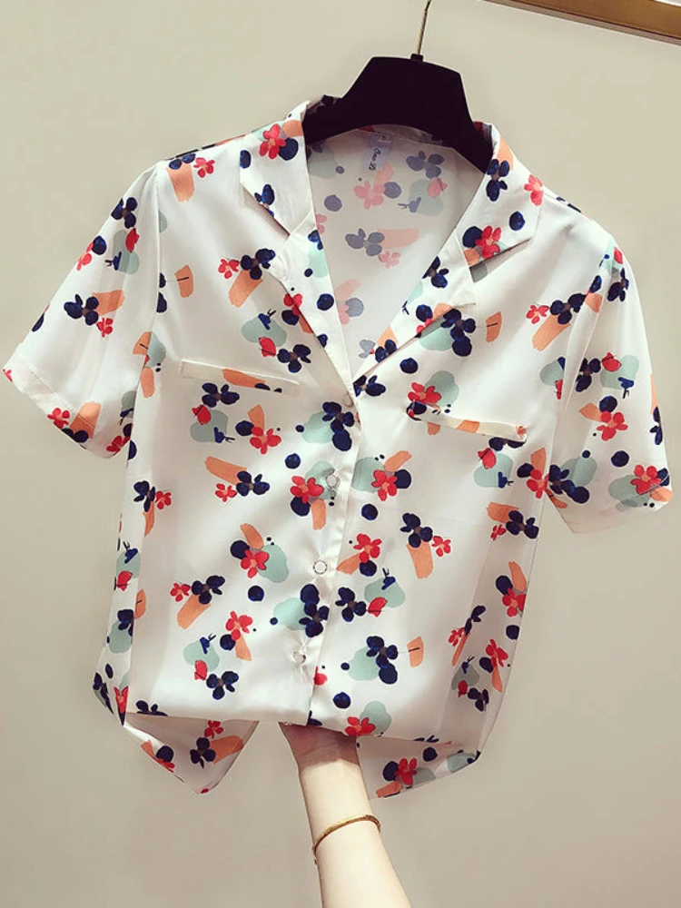 Woherb 2024  S-4XL Chiffon Blouse Women Casual Loose Shot Sleeve Tops Shirt Cute Kawaii Cat Print Blusas Mujer Summer