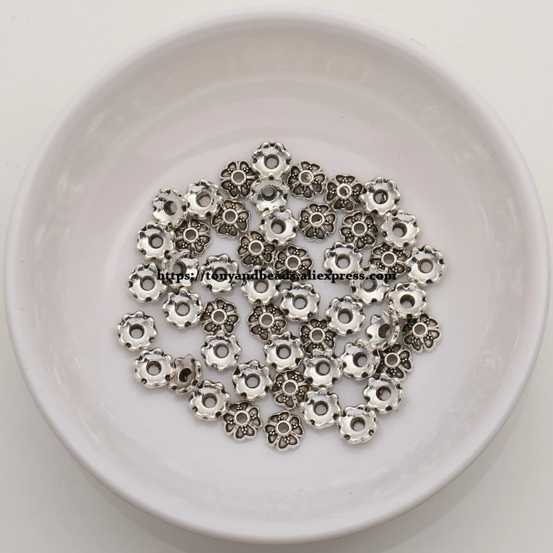 (50Pcs / Lot !) Zinc Alloy Tibetan Antique Silver Color Flower Beads End Caps For Jewelry Making Size 5mm HA9290B