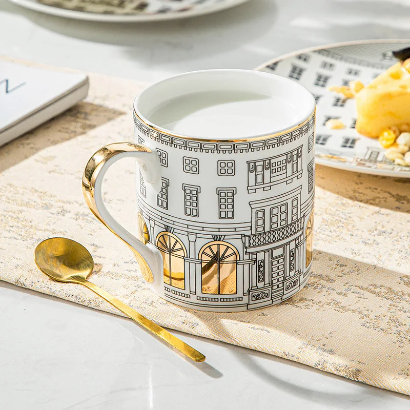 Ceramic Mug European Roman Architecture Design Gold Tracing Light Luxury High-end Coffee Breakfast Milk Cup Home Use Snack Plate