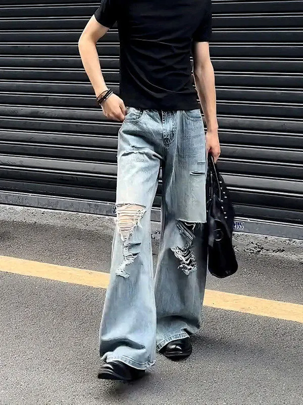 

Retro American Waed Denim Jeans Trendy Haome Straight Leg Wide Leg Pants Design Sense Casual Loose Fit Youthful Summer