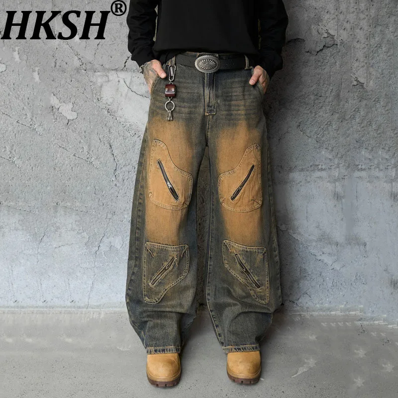 HKSH Spring Autumn New Men American High Street Vintage Dirty Safari Style Jeans Trend Loose Casual Wide-Leg Denim Pants HK19280