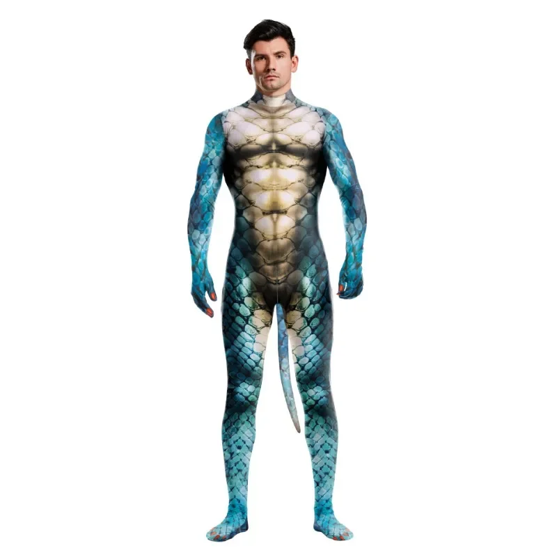 Zawaland Snake Gedrukt Cosplay Kostuum Mannen Creatieve Dieren Petsuit met Staart Volledige Cover Body Zentai Pak Mannelijke Grappige Catsuit