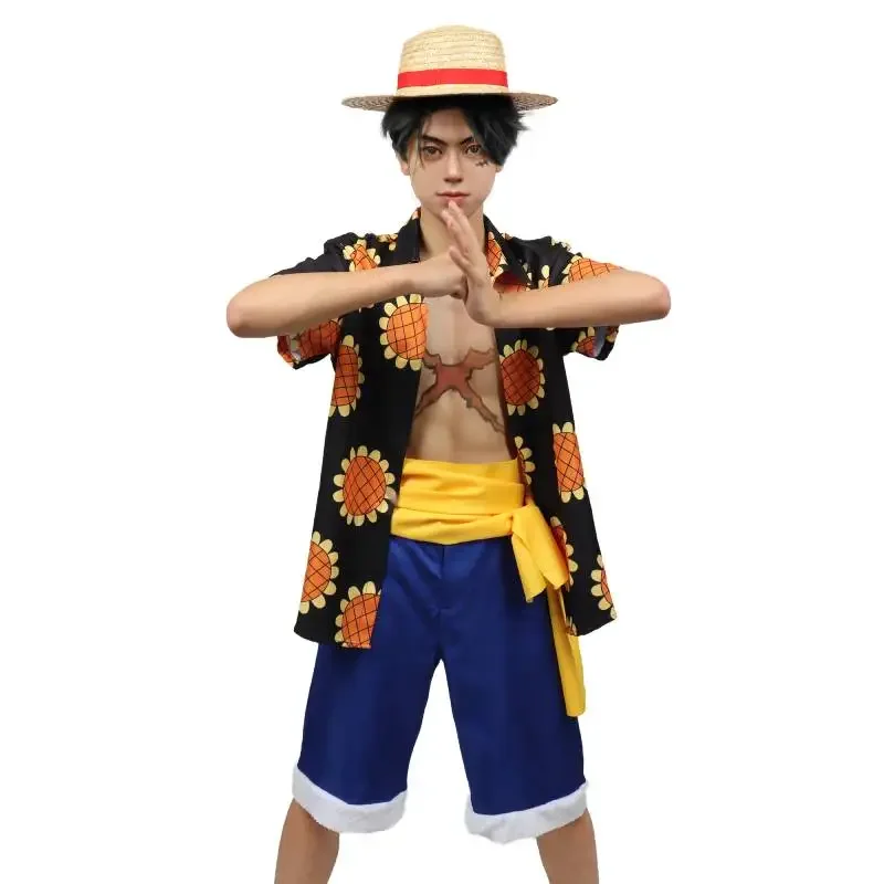 DAZCOS Hot Anime Luffy Cosplay Men Shirt Summer Daily Wear Stage Performance Halloween Sunflower Shirt Short with Sash