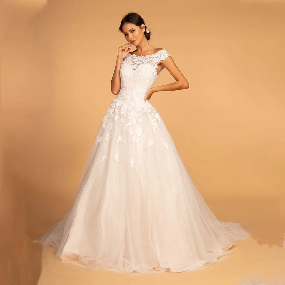 

Exquisite Wedding Dresses Boat Neck Sleeveless A-Line Women Dress with Appliques Sweep Train Tulle Bridal Gowns Customized
