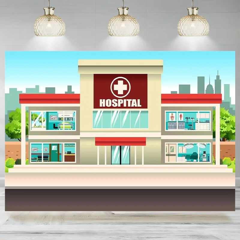 

Cartoon Hospital Building Backdrop Operating Room Ward Doctor's Office Photographic Background Nurse School Graduation Banner