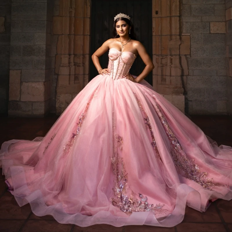 

Розовые платья Quinceanera с открытыми плечами, аппликация, кружево, бисер, кристалл, тюль, корсет, вечерние, день рождения, сладкое платье 16, Vestidos 15 De