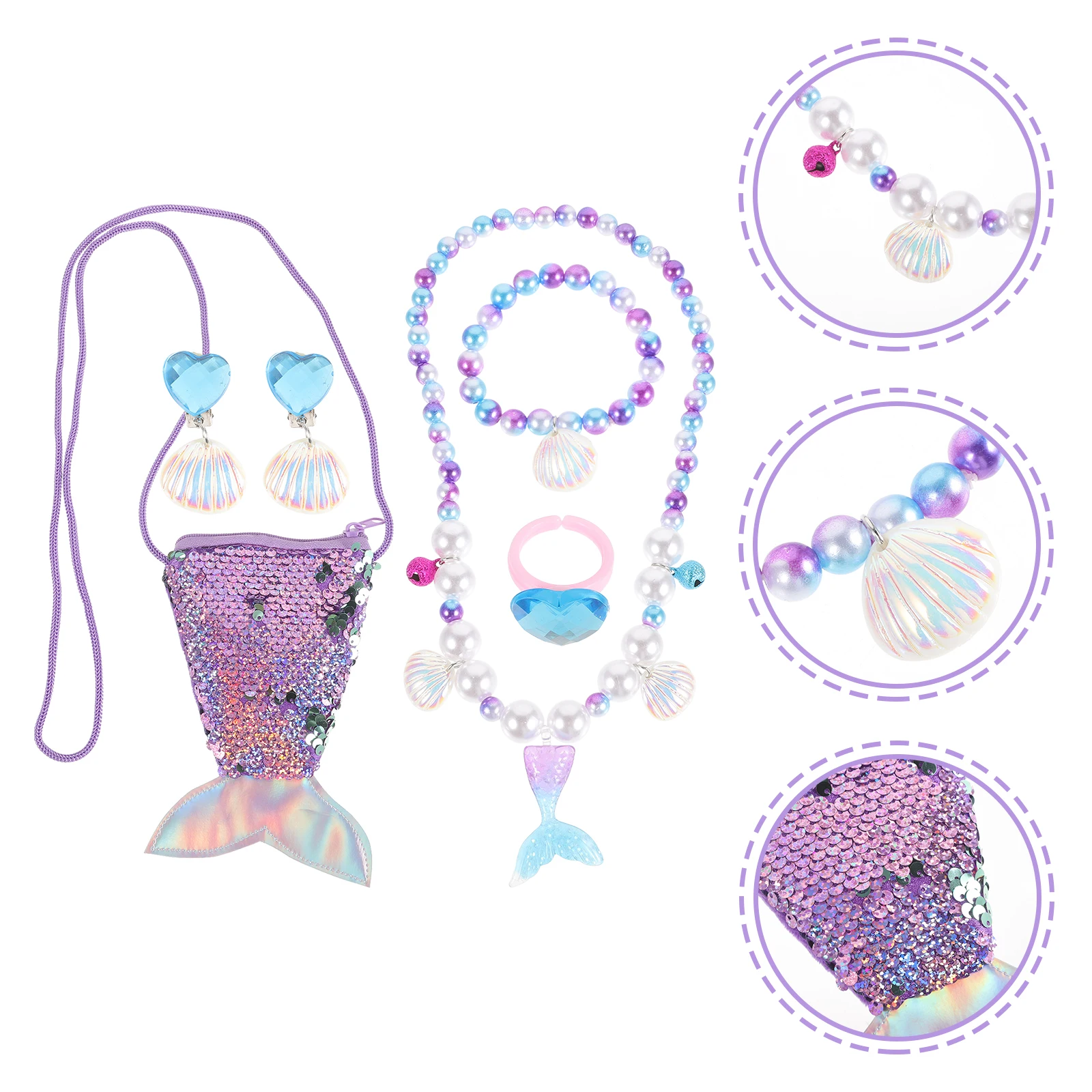 

1 set Mermaid Jewelry Set for Kids Cartoon Girl Necklace Bracelet Earrings Seashell Beaded Accessories Party Gift