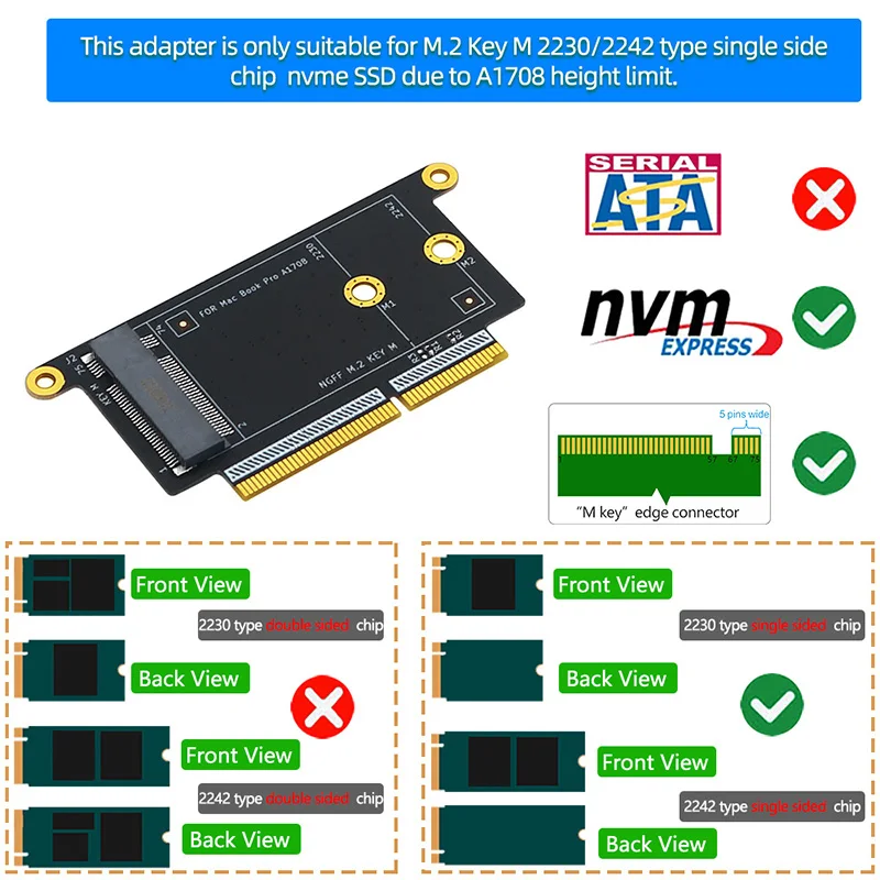 

Поддержка адаптера NGFF M2 M-Key 2230 2242 M.2 NVME SSD Riser NVME PCI Express SSD для Macbook Pro Retina 13 дюймов A1708 2016 2017