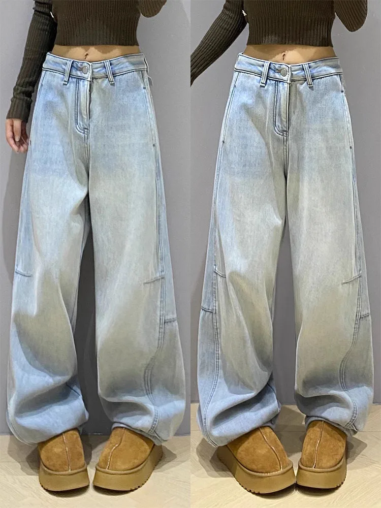 

Легкие джинсы с изогнутыми ножками больших размеров, женские повседневные узкие широкие брюки, свободные прямые брюки длиной до пола