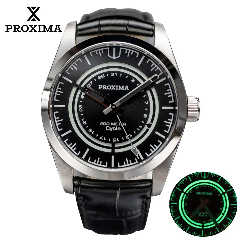 Proxima Men Luxury Watch 37mm Black Sunburst Cycle Dial Vintage Sport Watch Female Automatic Mechanical Watches 20Bar