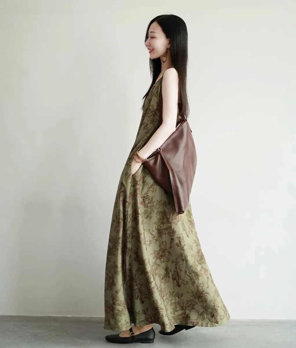 

Elegant Vintage Print Cotton Spaghetti Strap Long Dress Women Summer Sleeveless Beauty Dress Seaside Comfortable Clothes X1306