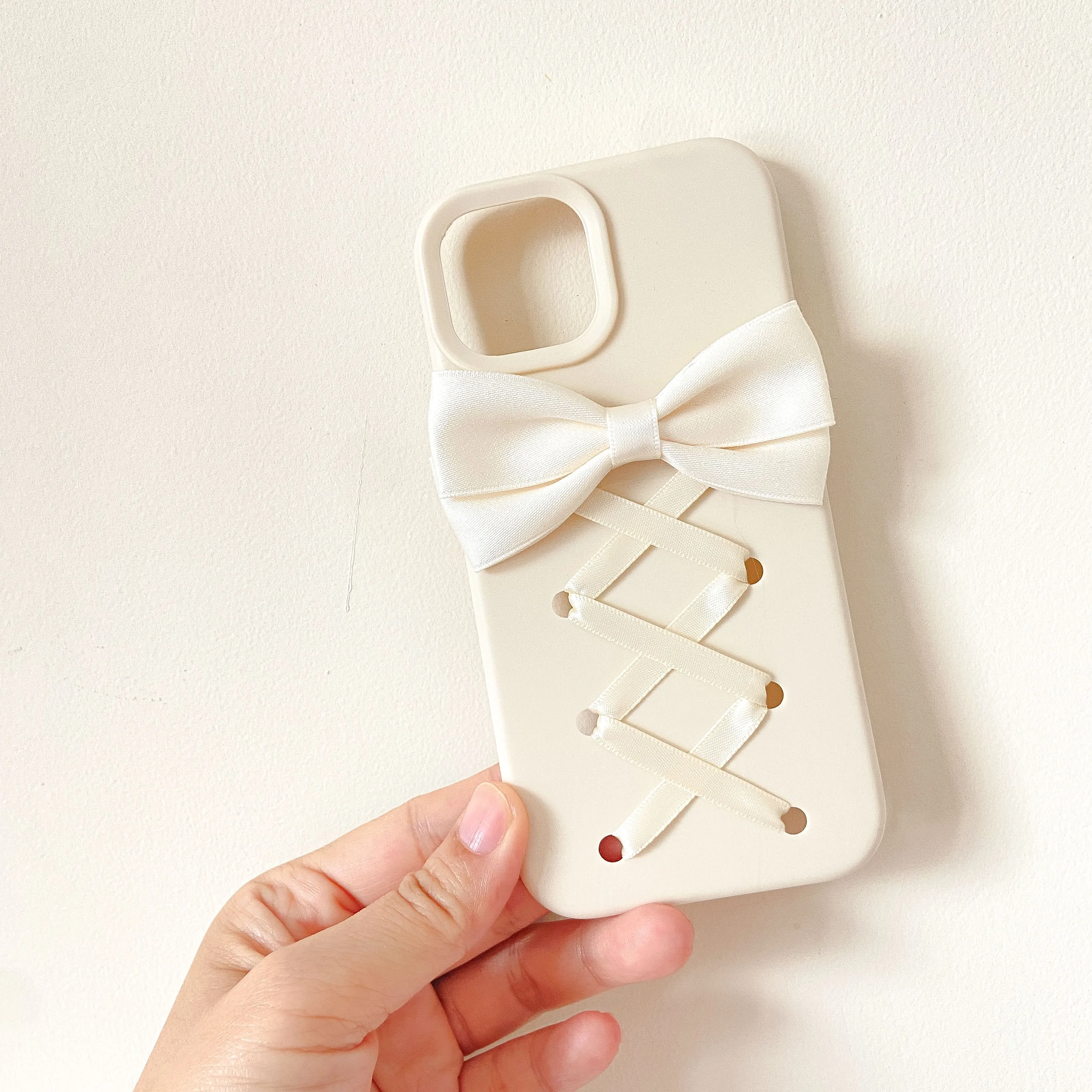 Cute Cream White Bow Phone Case for iPhone 17 16 15 14 13 12 Pro Max Soft Silicone Cross Ribbon Decoration Girly Cover for Women view 4
