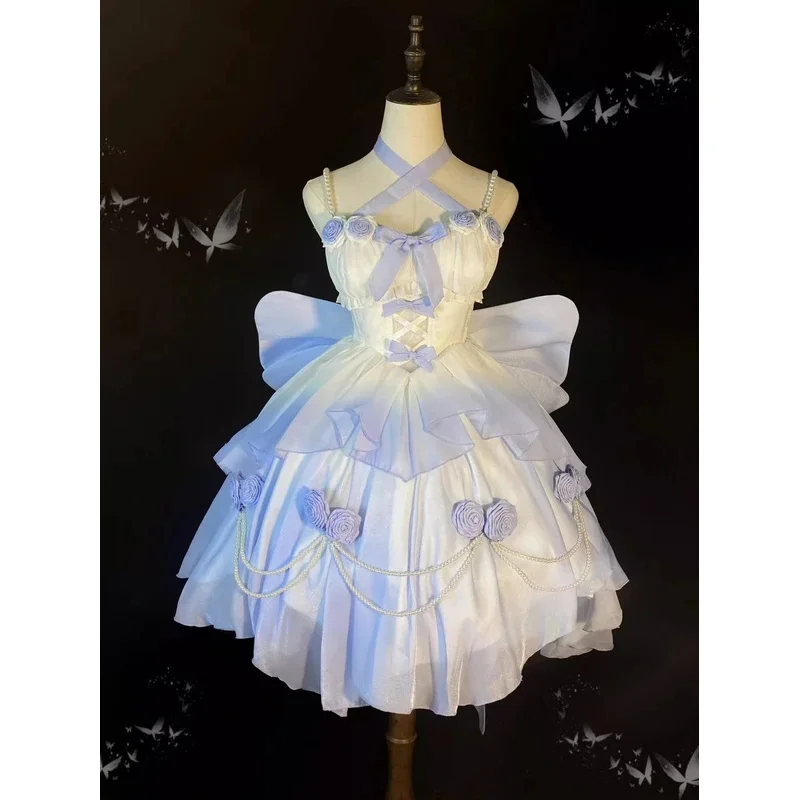 Gaun Pengantin Lolita Pendek Depan Panjang Belakang Berongga Bunga Biru Muda Gradien SS23 Berkilauan Halus Luo Pengpeng Heavy Industry