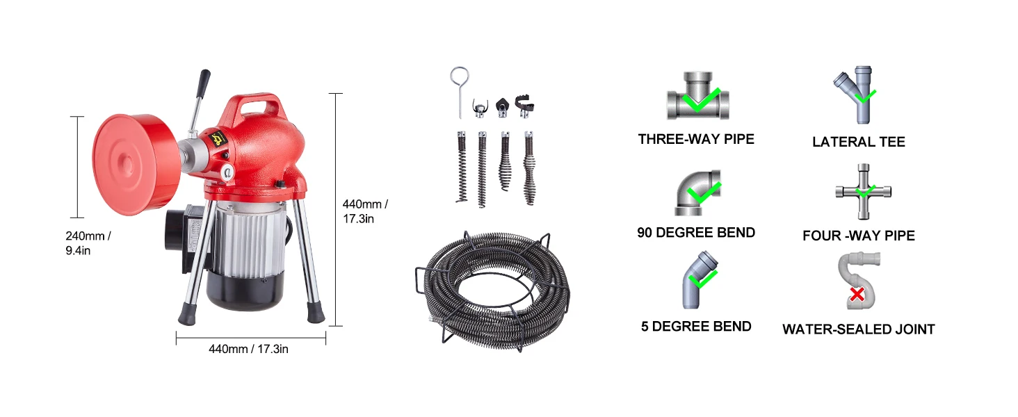 SucceBuy Drain Cleaner Machine 66FT 250W Electric Sewer Snake Auger Manual Feed Pipe Cleaner with 2 Sectional Steel Cables