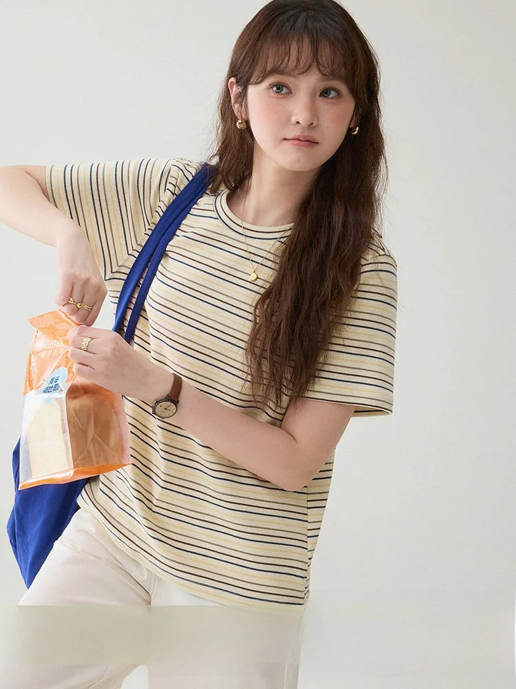 

AMUU Original Dopane Color Blo Striped round Ne Loose ort Sve Women's T-irt Summer New Sle Comfortable Cotton...
