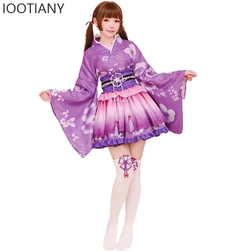 Iootiany Costumi Cosplay Anime giapponesi Dolce fresco Kimono multicolore Costumi per spettacoli teatrali per feste in maschera di Halloween