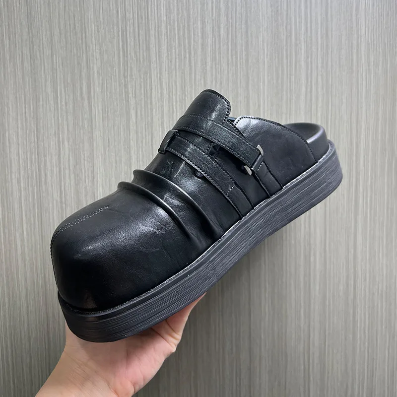 Couple Shoes Fashion Thick Sole Platform Slippers Summer Baotou Half Slipper Classic Round Head Quality Leather Casual Slippers