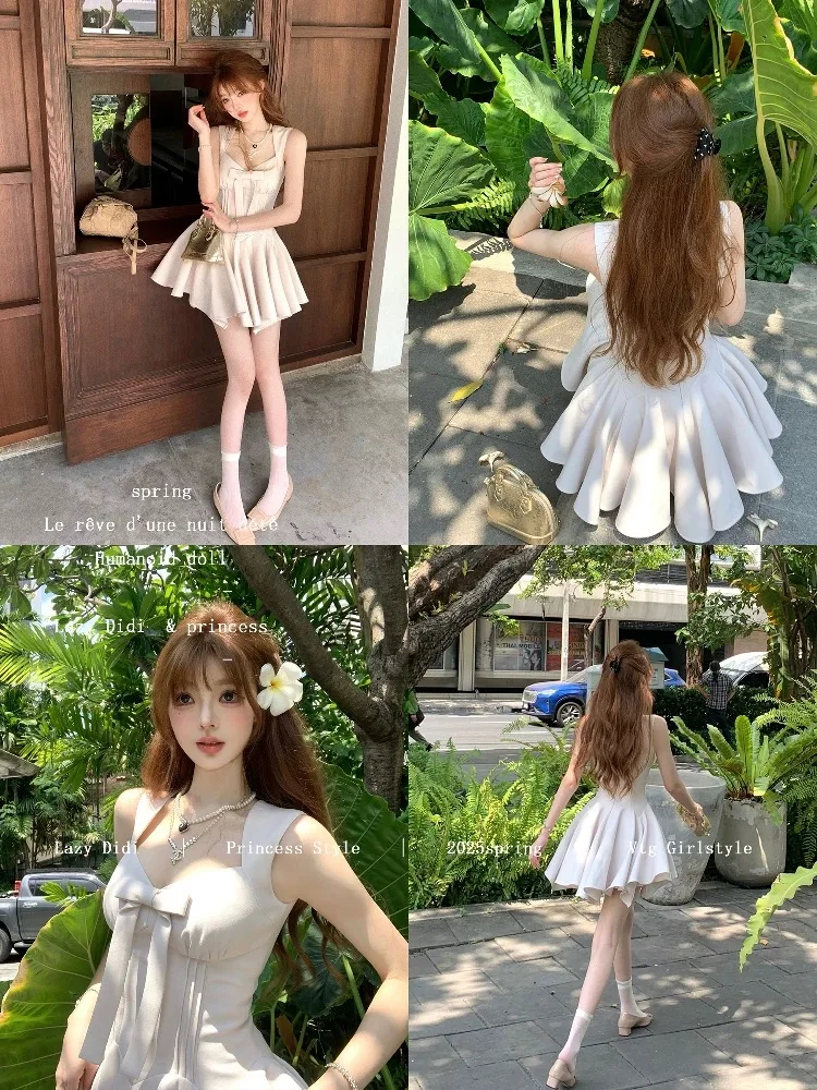 Robe de princesse à jupe plissée robuste, avec nœud et sensation luxueuse, sans manches, taille cintrée, robes pour femmes