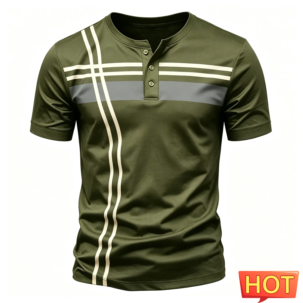 Simple Stripes Print Men Henry T shirts Summer Casual Henry Collar Short Sleeve Button Shirt Fashion Loose Tops Hip Hop Clothing view 3