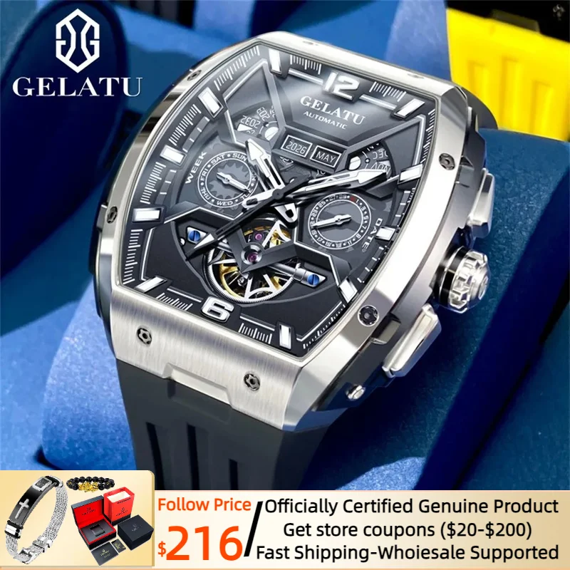 GELATU Luxury Men's Mechanical Watch Multifunctional Calendar Skeleton Design Luminous 50 Meters Waterproof Big Dial Wristwatch