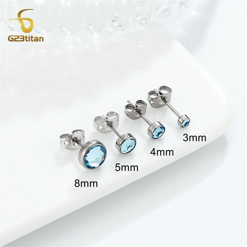 1 Pair Bright Aquamarine Zircon Earrings Hypoallergenic G23 Titanium Ear Piercing First Stud Earings Men Women Girl Jewelry Gift