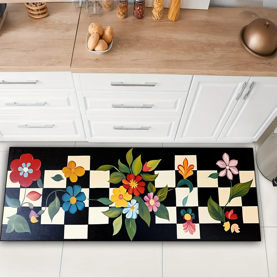 Vintage Black White Checkerboard Colorful Floral Kitchen Rug Non-Slip Washable Diatom Mud Floor Mat for Kitchen Hallway Living