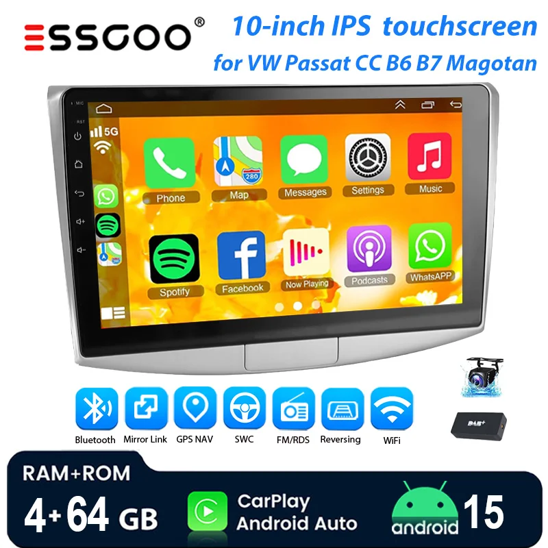 ESSGOO Android 15 Autoradio 10" 4+64 GB Bluetooth Wireless CarPlay Android Auto GPS Navigation RDS WiFi für Volkswagen Passat B6 B7 CC Magotan 2010-2015 IPS Kapazitiver Touchscreen CANbus FM