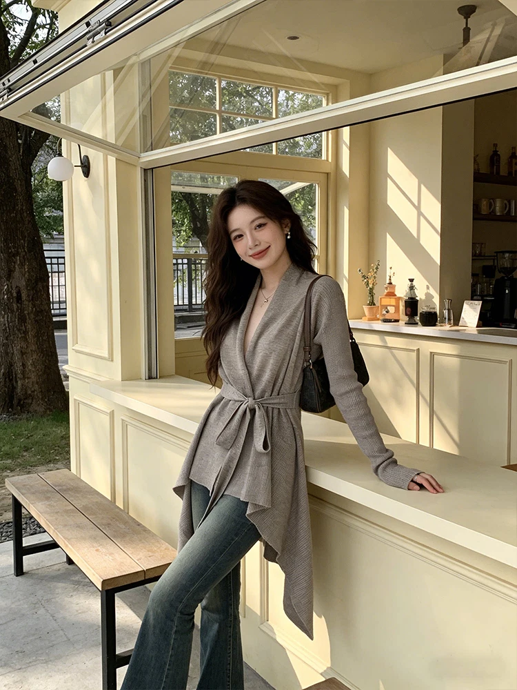 

Elegant Early Spring High-end Knitted Open Cardigan Women's Loose Long Uneven Mid-length Slimming Top Korean Style Commute