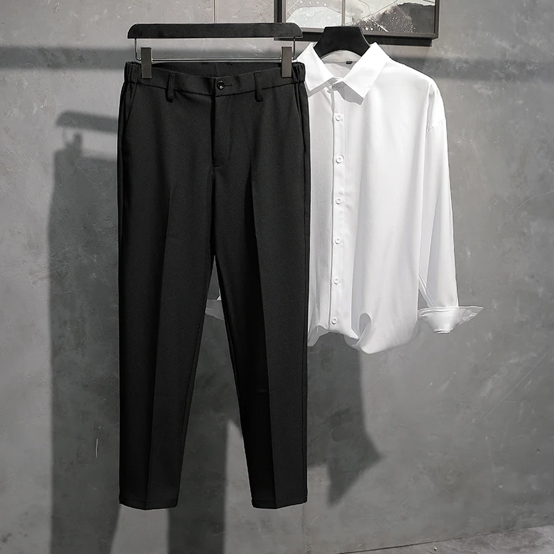 Sagging suit pants for men's summer fashion Korean straight fit casual versatile business cropped solid color pants