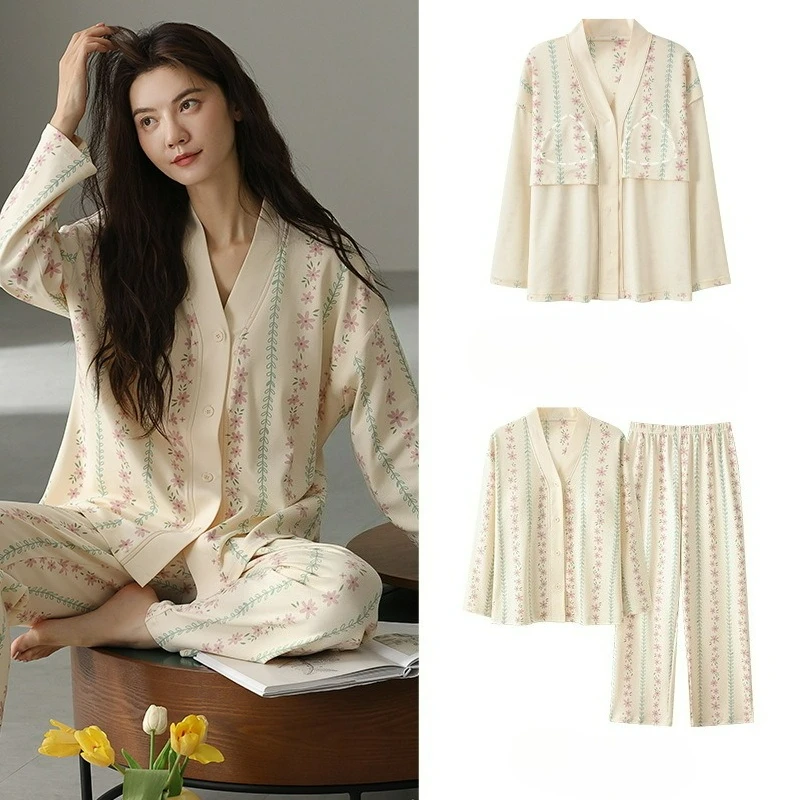 Pajamas Women Spring and Autumn Models with Chest Pads New Long-sleeved Cardigan High-end Casual Outerwear Comfortable Ventilate