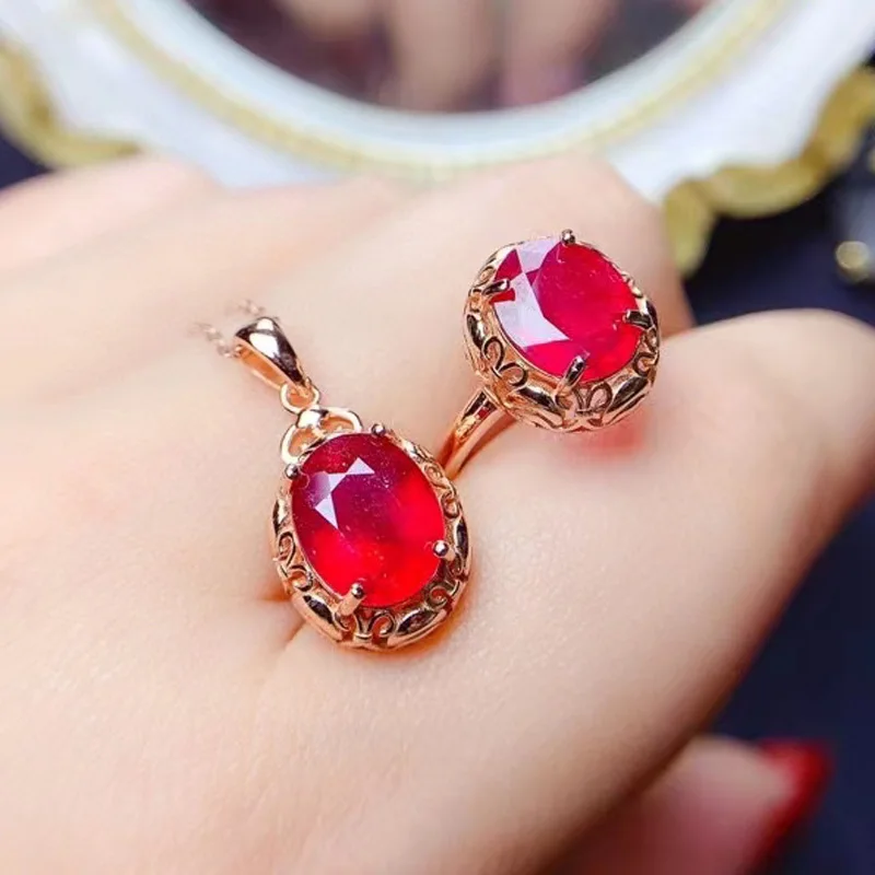 

Ruby Jewelry Set for wedding 7*9mm 925 Silver Heated Ruby Necklace Pendant and Ring with 3 Layers 18K Gold Plating No Fading