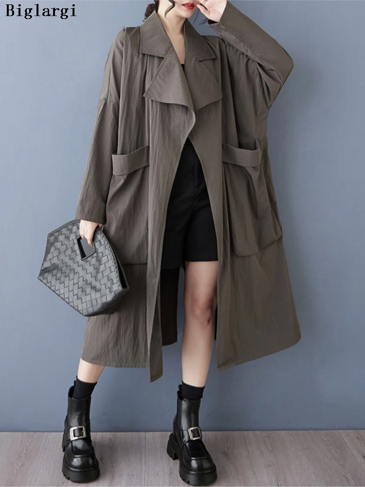 

Oversized Spring Autumn Trench Coat Women Long Sleeve Modis Casual Ladies Windbreak Jackets Loose Pleated Woman Long Trench Coat