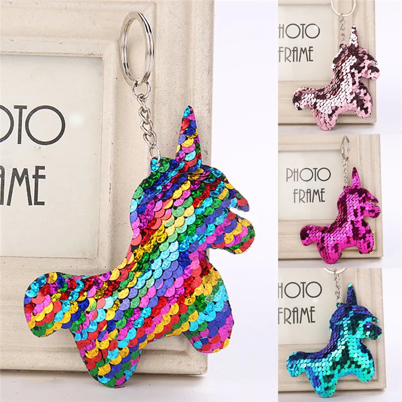 1Pc Cute Shiny  Horn Keychain Mermaid Glitter Sequins Cat Key Chain