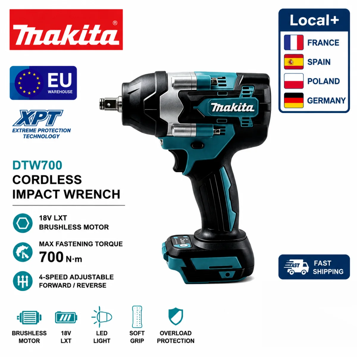 Batteria Makita 18V Li-Ion, avvitatore a impulsi brushless con coppia massima di 000Nm, avvitatore elettrico senza fili con velocità variabile e arresto automatico, modello Makita DTW700 18V LXT,