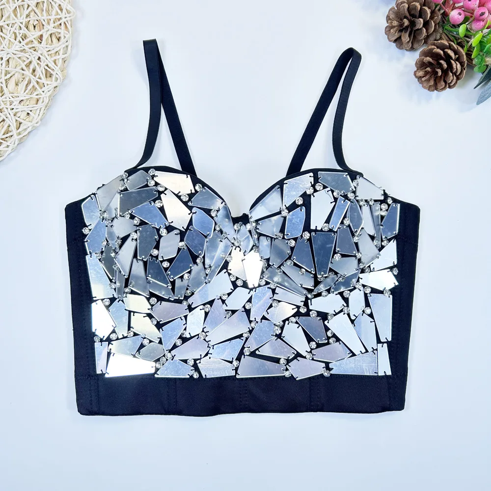 Sparkling Rhinestone Acrylic Beaded Bustier Mirror Lens Fishbone Halter Top Sexy, Form-Fitting, Slimming Party Dress