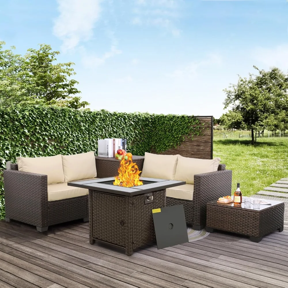 

5 Pieces Patio Furniture Set PE Wicker Outdoor Brown Rattan Sectional Sofa Loveseat Couch Conversation Chair with Storage Bin C